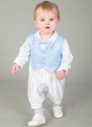 Baby Boys White & Blue Bow Tie Romper, Waistcoat & Hat